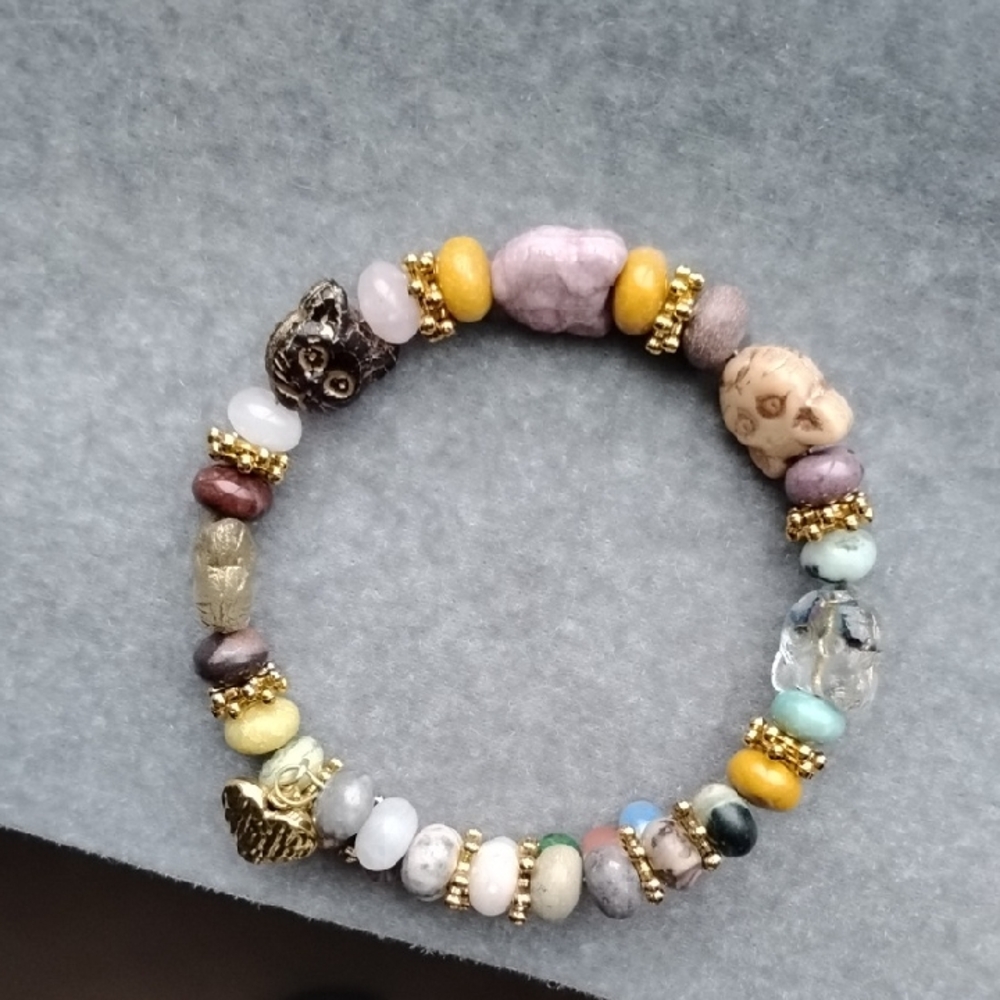 Hand Crafted Multi Gemstone And Czech Glass Cat Beaded Memory Wire Bracelet
